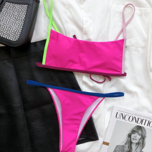 

Contrast Binding Thong Bikini Swimsuit, Hot pink
