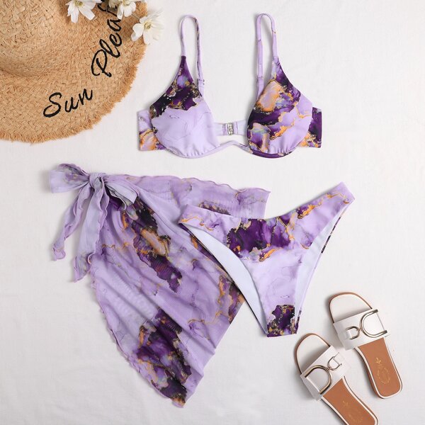 

3pack Marble Print Underwire Bikini Swimsuit & Beach Skirt, Lilac purple