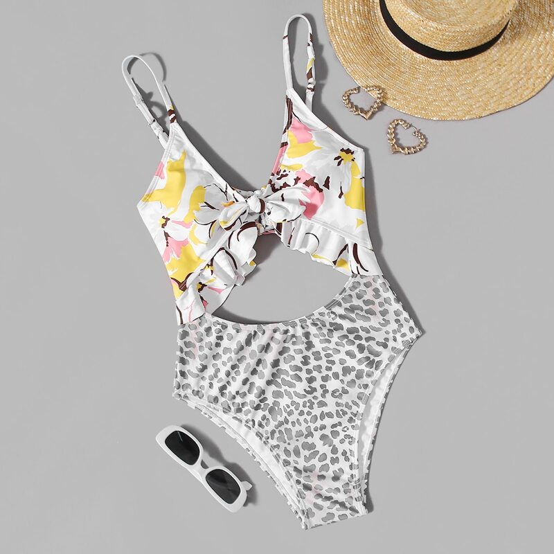 

Floral Cut-out One Piece Swimsuit, Multicolor