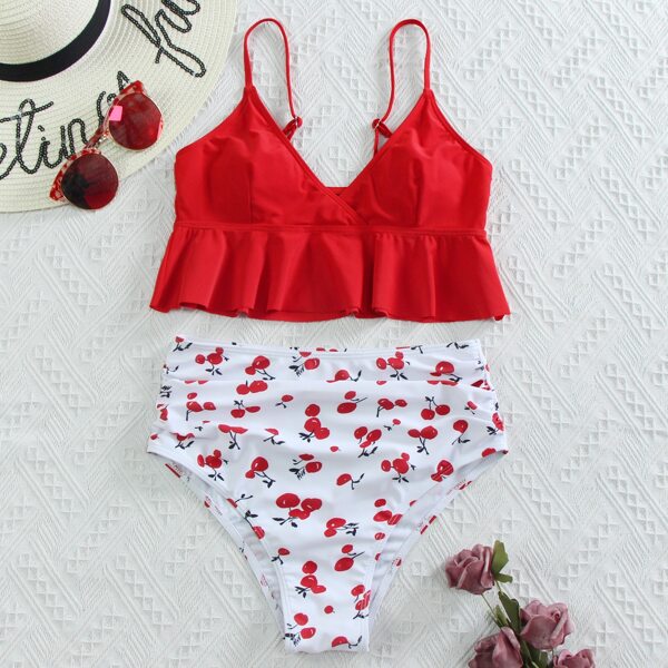 

Cherry Print Ruffle Bikini Swimsuit, Red and white