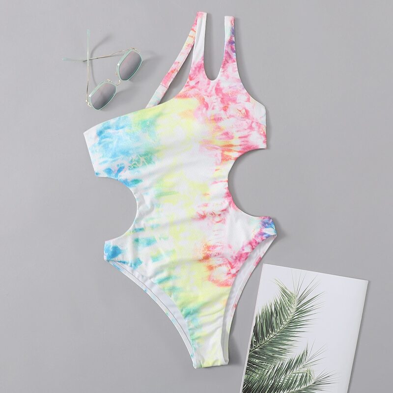 

Asymmetrical Neck Tie Dye One Piece Swimsuit, Multicolor