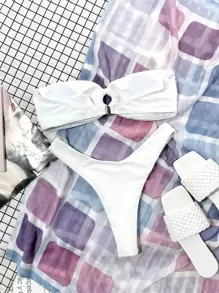 SHEIN Swim Bộ bikini băng đô có dây buộc vòng đi biển mùa hè - trắng - Xem 2