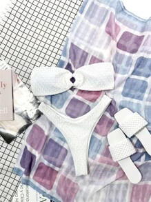 SHEIN Swim Bộ bikini băng đô có dây buộc vòng đi biển mùa hè - trắng - Xem 4