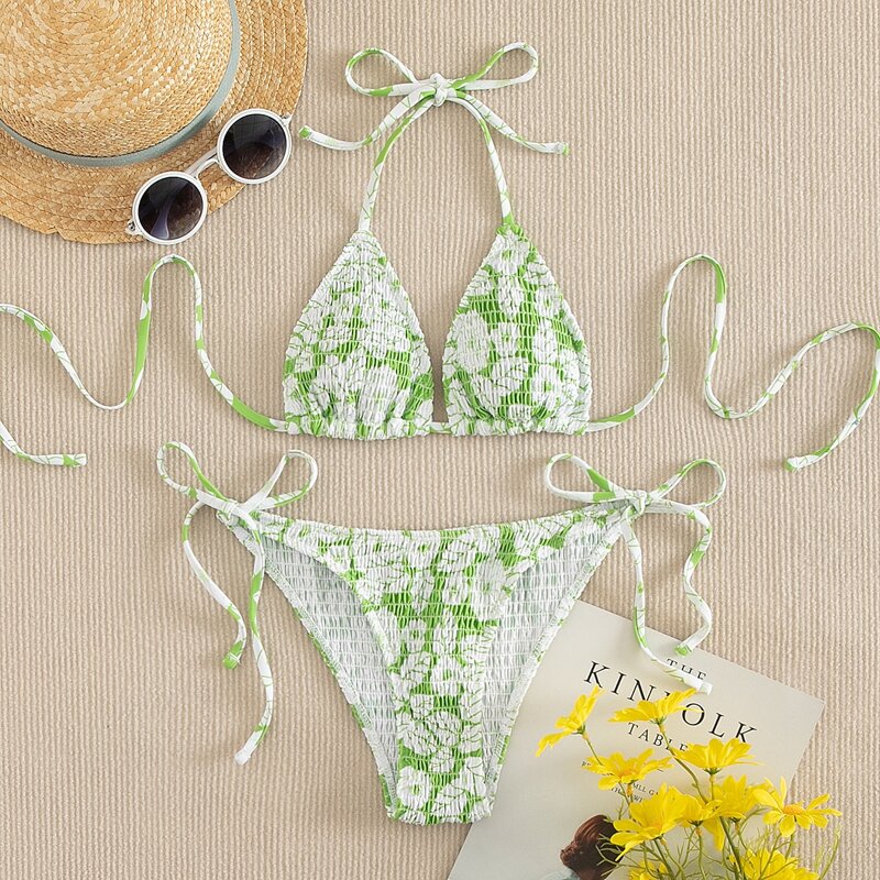 

Floral Smocked Triangle Tie Side Bikini Swimsuit, Multicolor