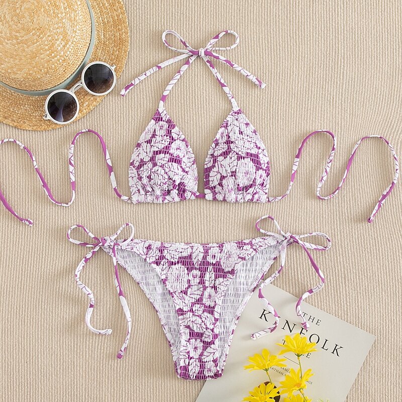 

Floral Smocked Triangle Tie Side Bikini Swimsuit, Multicolor