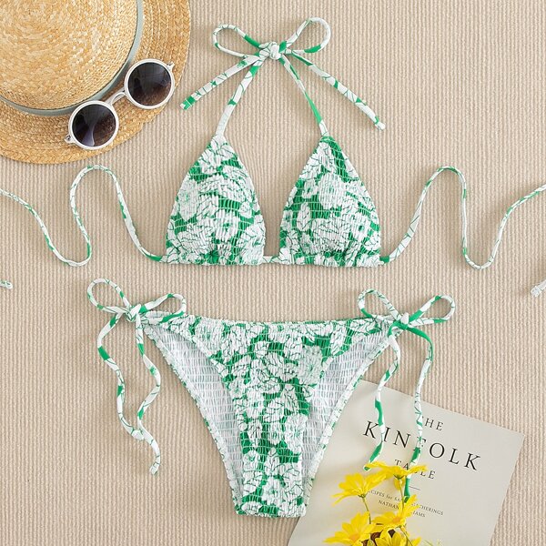 

Floral Smocked Triangle Tie Side Bikini Swimsuit, Multicolor