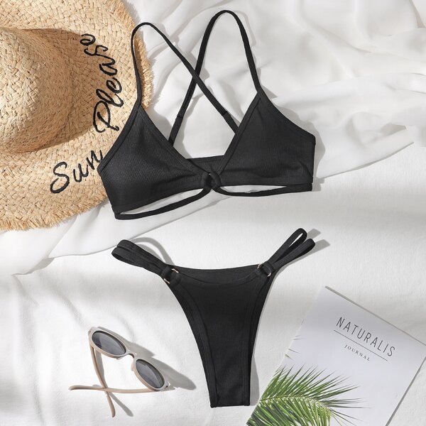 

Ring Linked Halter Bikini Swimsuit, Black