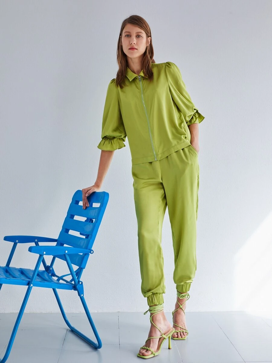 SHEIN Solid Flounce Sleeve Zip Up Satin Blouse - Lime Green - View 1