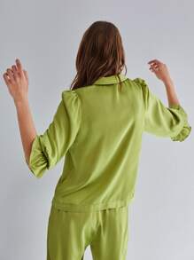 SHEIN Solid Flounce Sleeve Zip Up Satin Blouse - Lime Green - View 2