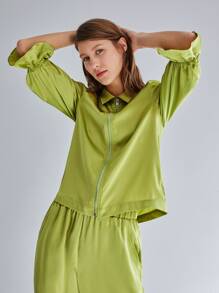 SHEIN Solid Flounce Sleeve Zip Up Satin Blouse - Lime Green - View 4