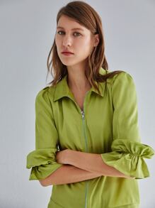 SHEIN Solid Flounce Sleeve Zip Up Satin Blouse - Lime Green - View 5