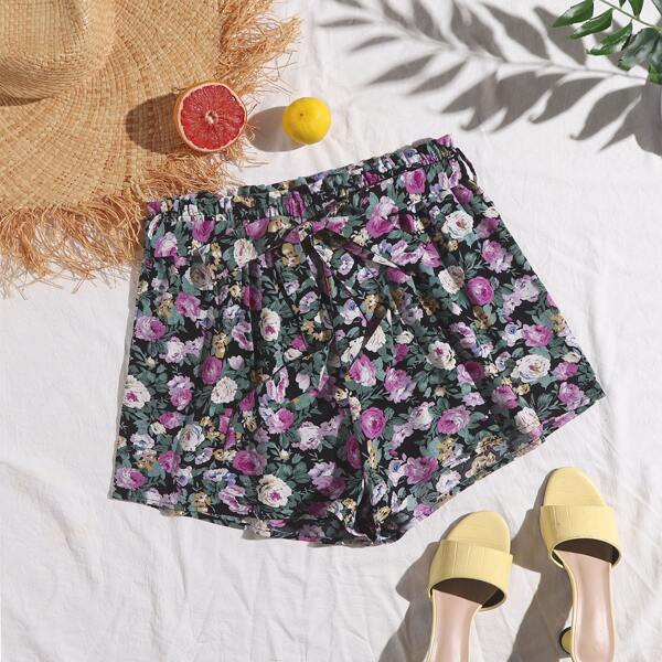

Plus Allover Floral Paper Bag Waist Belted Shorts, Multicolor