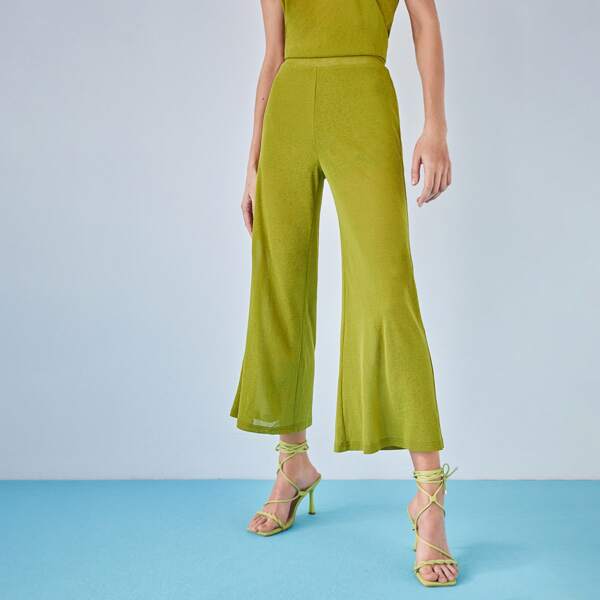 

Solid Elastic Waist Wide Leg Pants, Olive green