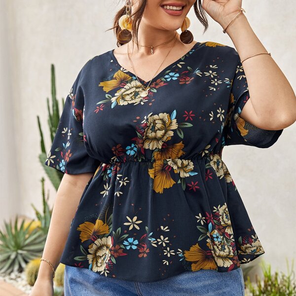 

Plus Floral Print Drop Shoulder Babydoll Blouse, Navy blue