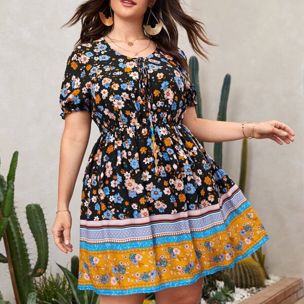 

Plus Floral Print Tie Neck A-line Dress, Multicolor