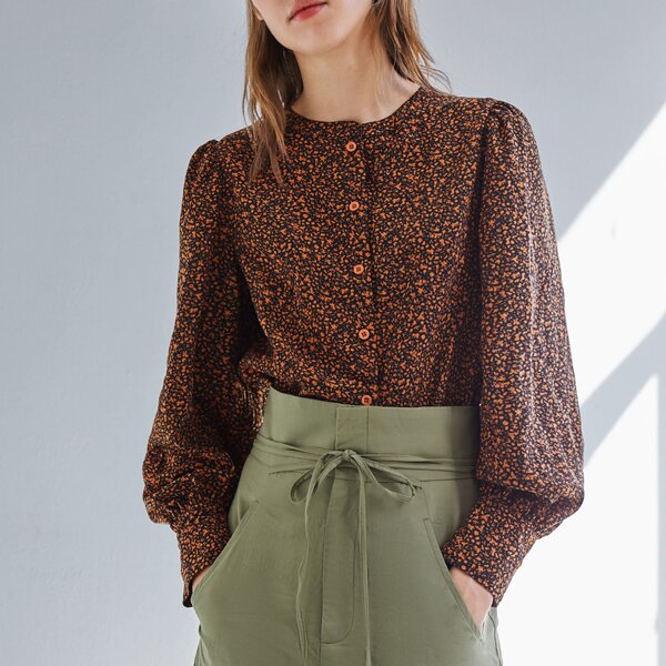 

All Over Print Button Front Lantern Sleeve Blouse, Multicolor