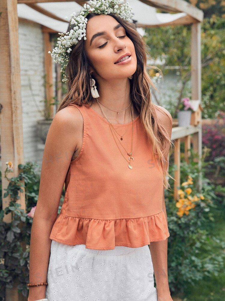 SHEIN Holidaya Top bajo fruncido unicolor - Naranja Coral - Añade 6
