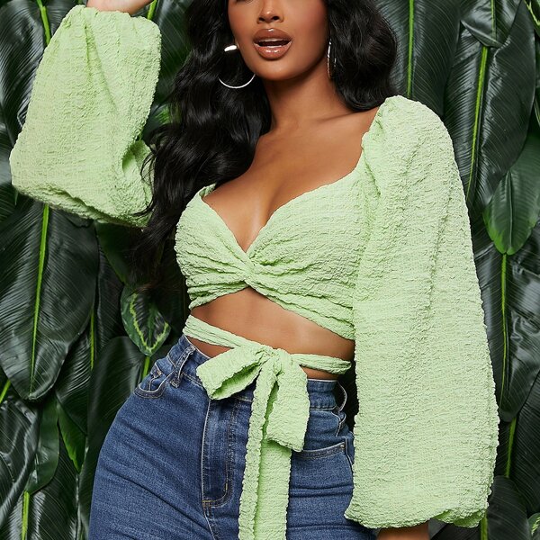 

Solid Twist Criss Cross Tie Front Lantern Sleeve Top, Mint green