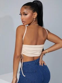 SHEIN SXY Ruched Drawstring Side Butterfly Print Crop Cami Top - Beige - View 2