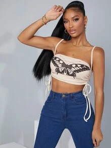 SHEIN SXY Ruched Drawstring Side Butterfly Print Crop Cami Top - Beige - View 3