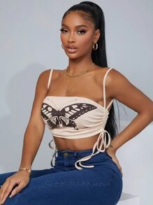 SHEIN SXY Ruched Drawstring Side Butterfly Print Crop Cami Top - Beige - View 4