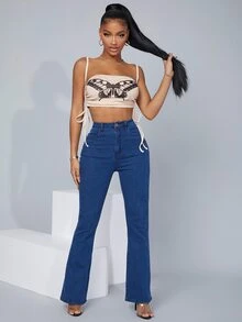 SHEIN SXY Ruched Drawstring Side Butterfly Print Crop Cami Top - Beige - View 5