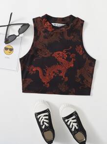 SHEIN Girls Chinese Dragon Print Tank Top - Black - View 1