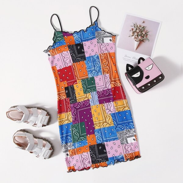 

Girls Lettuce Edge Patchwork Print Dress, Multicolor
