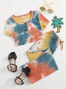 SHEIN Two-piece Outfit Anak Wanita Simpul Tie Dye Casual - MultiWarna - View 1