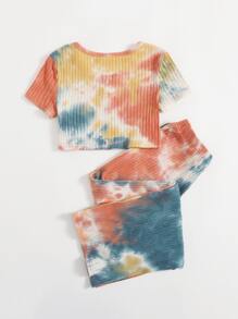 SHEIN Two-piece Outfit Anak Wanita Simpul Tie Dye Casual - MultiWarna - View 2