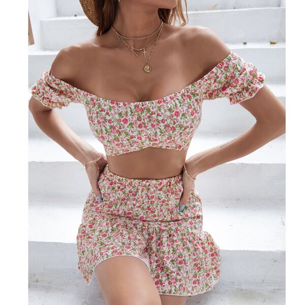 

Ditsy Floral Tie Back Crop Top With Ruffle Hem Skirt, Multicolor