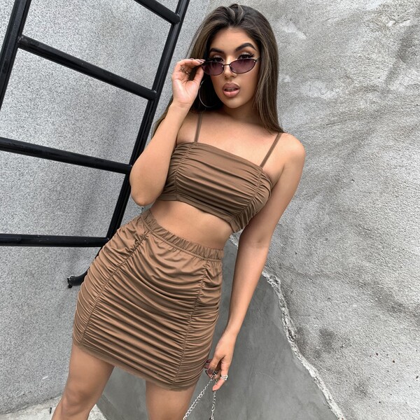 

Ruched Crop Cami Top & Bodycon Skirt Set, Mocha brown