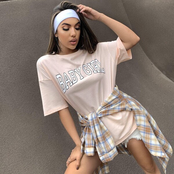 

Drop Shoulder Letter Graphic Tee, Baby pink