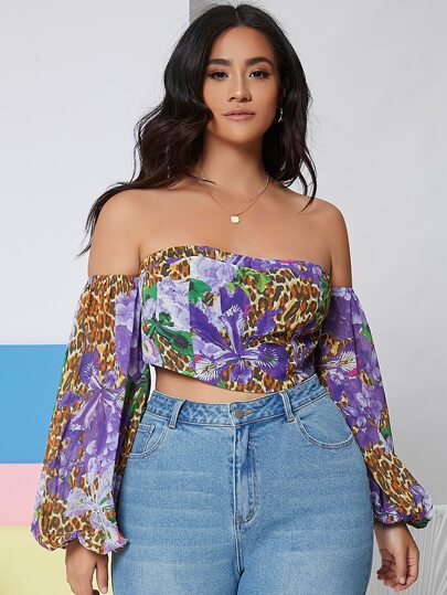 لباس علوي بطباعة الفهد وزهري مدرز خلفي مكشوف الكتف مقاس كبير