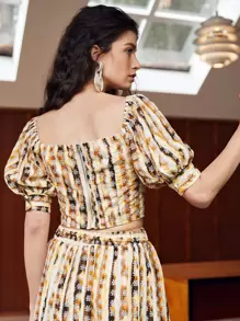 SHEIN 後拉鏈泡泡袖拼色網眼刺繡上衣 - 彩色 - 查看 3