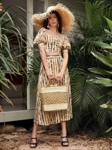 SHEIN 後拉鏈泡泡袖拼色網眼刺繡上衣 - 彩色 - 查看 4