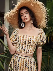 SHEIN 後拉鏈泡泡袖拼色網眼刺繡上衣 - 彩色 - 查看 1