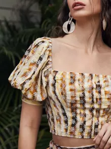 SHEIN 後拉鏈泡泡袖拼色網眼刺繡上衣 - 彩色 - 查看 5