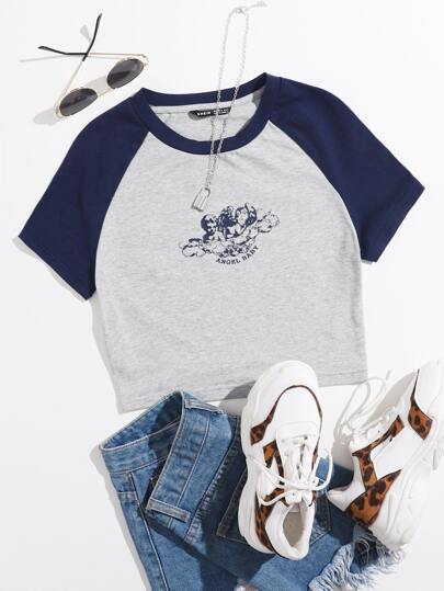 SHEIN EZwear Contrast Raglan Sleeve Letter & Angel Print Tee