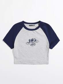 SHEIN EZwear Contrast Raglan Sleeve Letter & Angel Print Tee