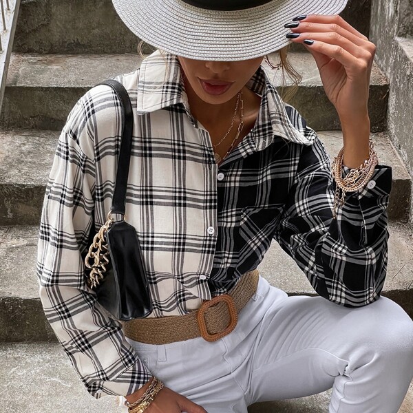 

Plaid Button Through Pocket Front Blouse, Black and white