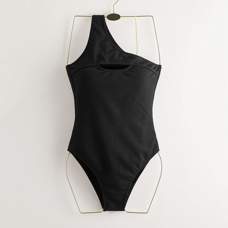 

Solid One Shoulder Cut Out One Piece Swimsuit, Black