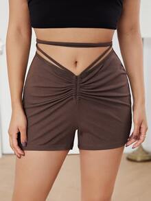 SHEIN Crisscross Tie Back Ruched Detail Rib-knit Shorts