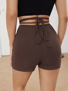 SHEIN Crisscross Tie Back Ruched Detail Rib-knit Shorts