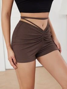 SHEIN Crisscross Tie Back Ruched Detail Rib-knit Shorts