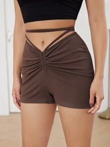 SHEIN Crisscross Tie Back Ruched Detail Rib-knit Shorts