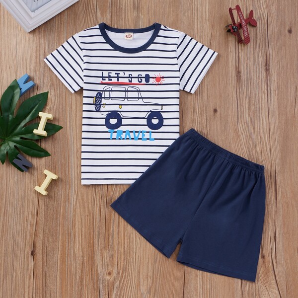 

Toddler Boys Cartoon And Striped Tee & Shorts, Blue and white