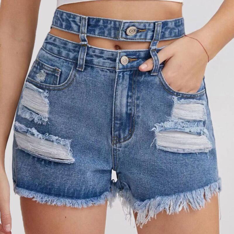 

Raw Hem Ripped Cut Out Denim Shorts, Medium wash