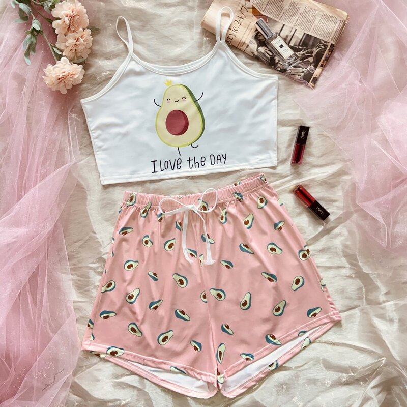 

Slogan & Cartoon Avocado Print Cami PJ Set, Multicolor