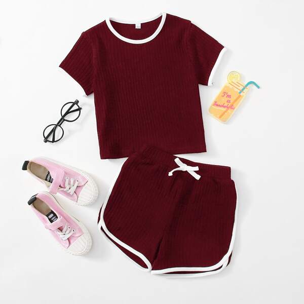 

Toddler Girls Contrast Binding Tee & Shorts, Burgundy